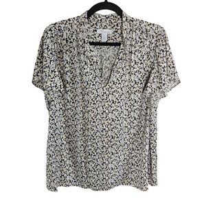 Nordstrom Signature Silk Blend Floral V-Neck Flutter Sleeve Blouse Black Large